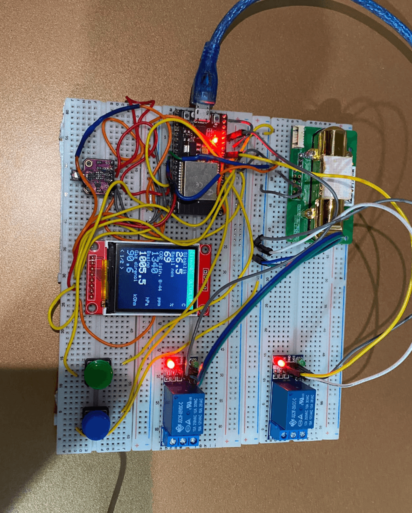 ClimaNex breadboard prototype: ESP32, purple BME680 board, gold MH-Z14A CO₂ sensor, TFT screen showing readings, two buttons and two relays